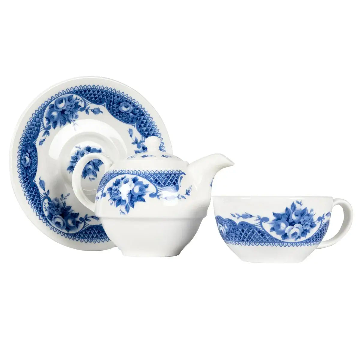 White bone china teapot and cup with blue detailing tea set for one saucer teapot and teacup against white background