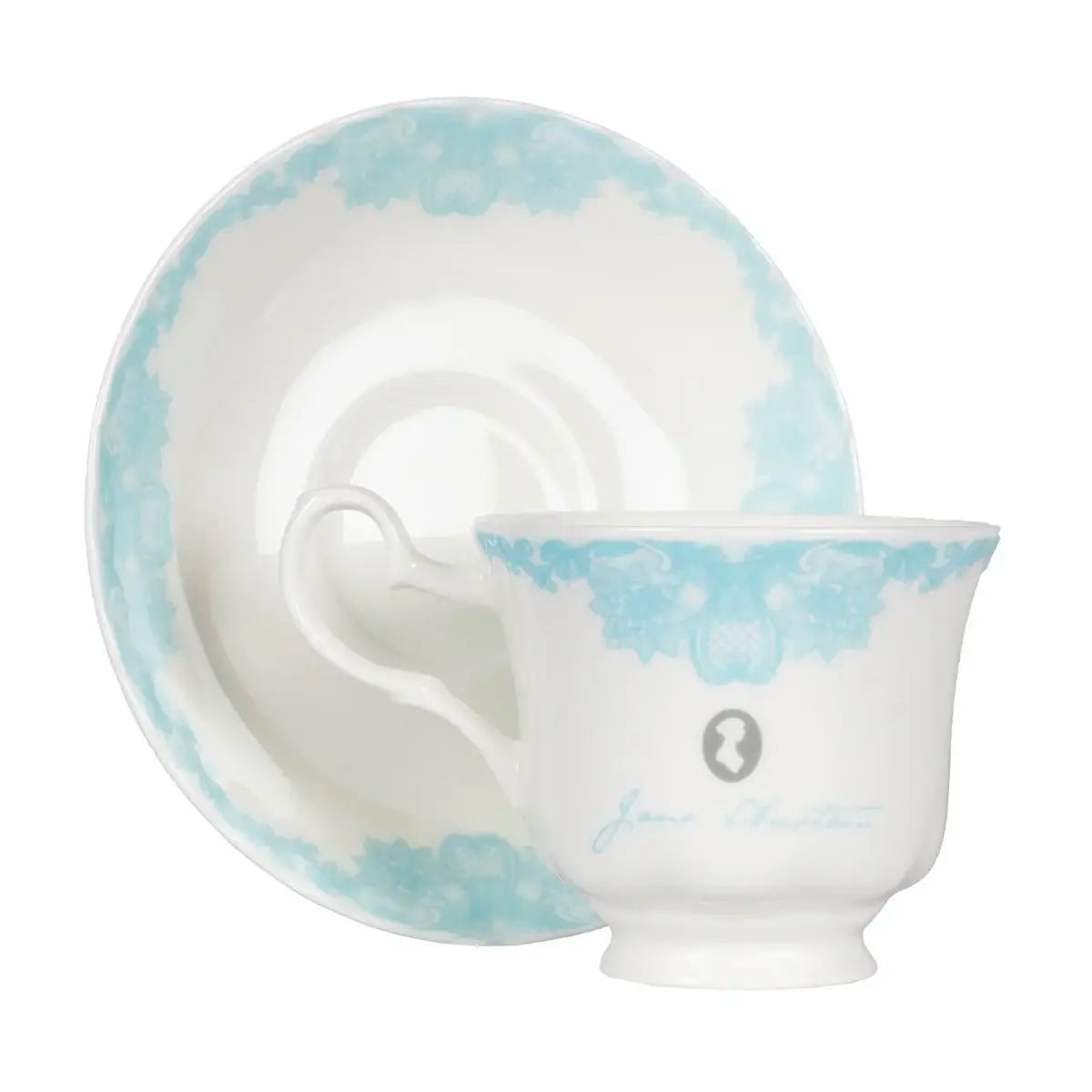 front of white bone china teacup with blue detailing and jane austen's signature