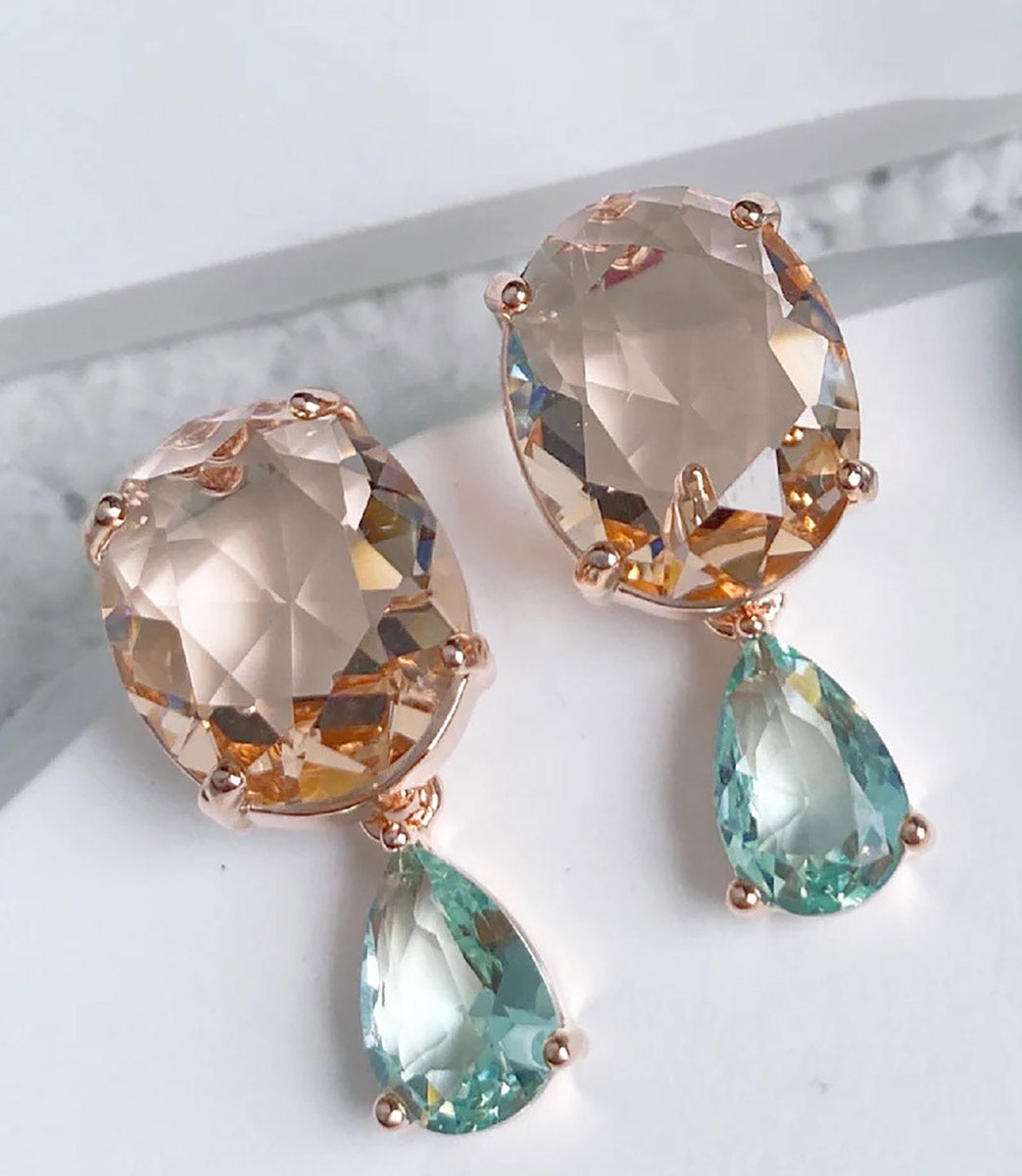 Twin Gem Drop Earrings in Aqua and Peach