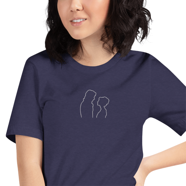 Navy T-Shirt depicting Lizzie and Darcy's silhouettes as they pause mid-dance to look at eachother.
