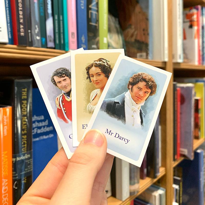George Wickham, Elizabeth Bennet, and Mr Darcy water colour painted cards 
