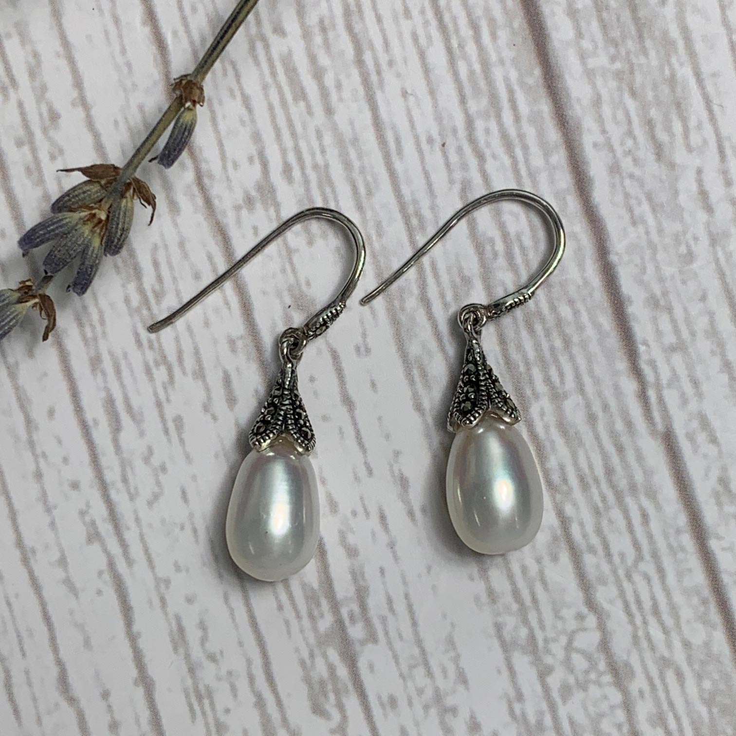 Dashwood Freshwater Pearl and Marcasite Silver Earrings - JaneAusten.co.uk
