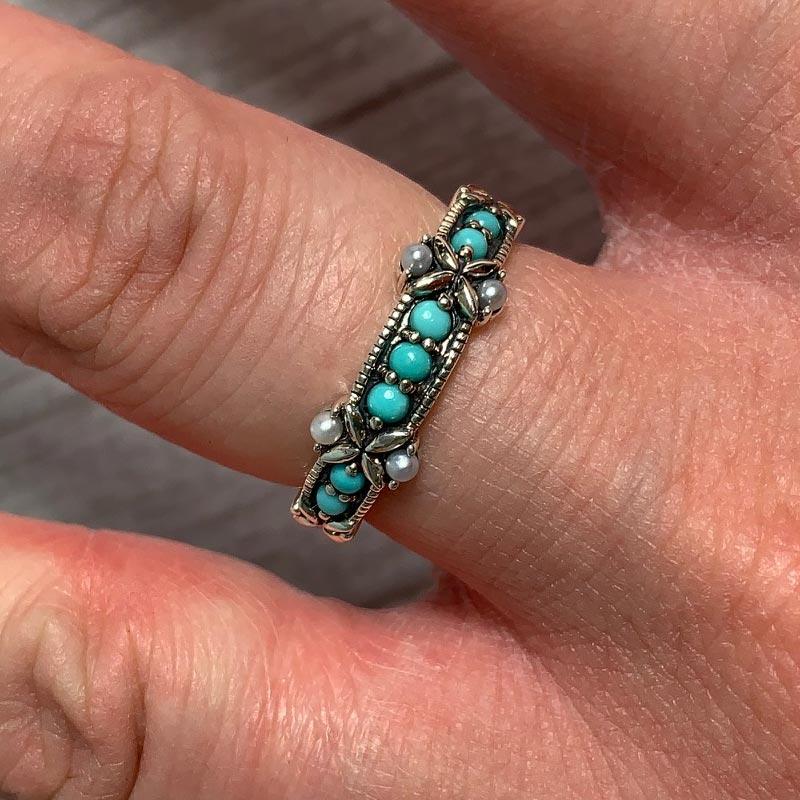 Turquoise & Freshwater Pearl Sterling Silver Ring - JaneAusten.co.uk