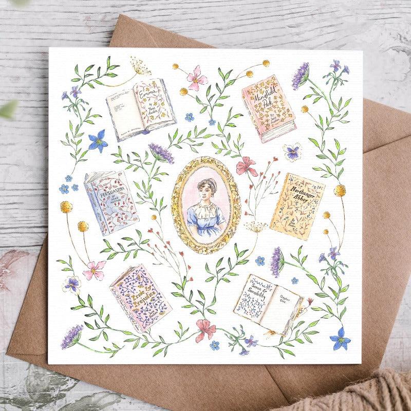 This card shows each of Jane Austen's novels surronded by illustrated flowers and leaves with a portait of Jane in the centre of the card. 