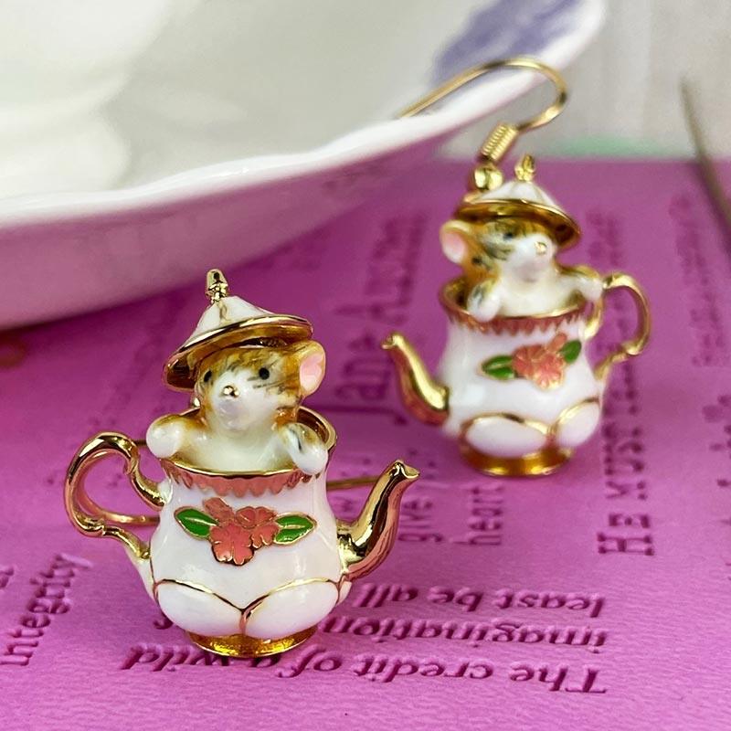 Enamel and 18ct Gold Plated 'Mouse in a Teapot' Earrings